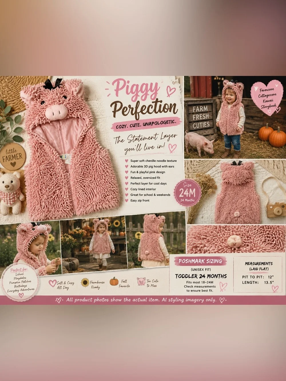 Being Wild Pig Hooded Vest 24M Pink Chenille Plush Farmcore Cottagecore Toddler
